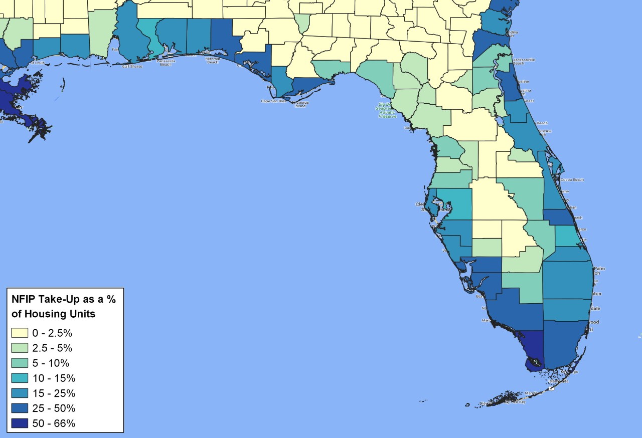 NFIP residential policy take-up rates for the state of Florida; the most heavily impacted areas on the coast have between 15% to 25% penetration between Tampa and Port Charlotte, FL. Inland counties predominantly see less than 5% take-up of NFIP policies. Source: FEMA, US Census, Guy Carpenter. 