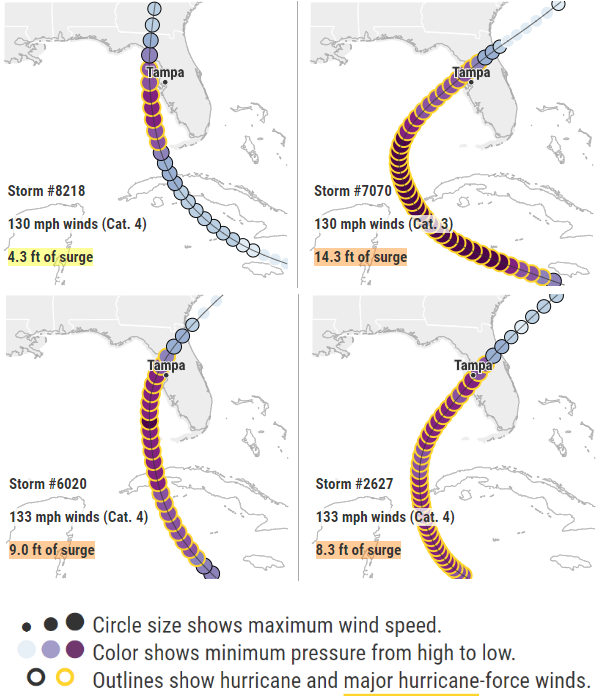 The Tampa Bay times storm surge simulator, in partnership with scientists Dr. Ning Lin and Dr. Kerry Emanuel of MIT. Click on map to access the freely available storm surge simulator.  Source: Tampa Bay Times / tampabay.com.