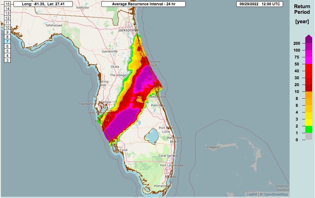 High-end 24-hour rainfall expressed via average recurrence intervals. Source: NOAA/NWS.