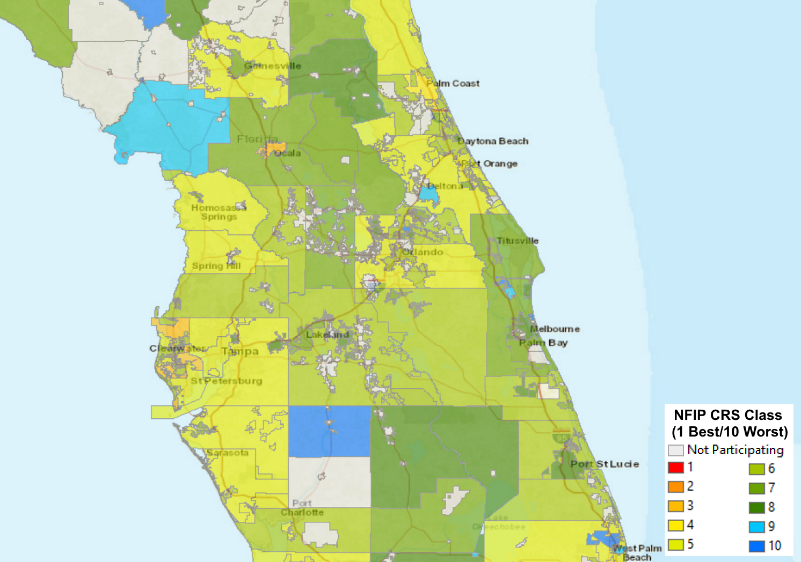 NFIP Community Rating System (CRS) maps for communities in Florida. Source: Guy Carpenter, FEMA.