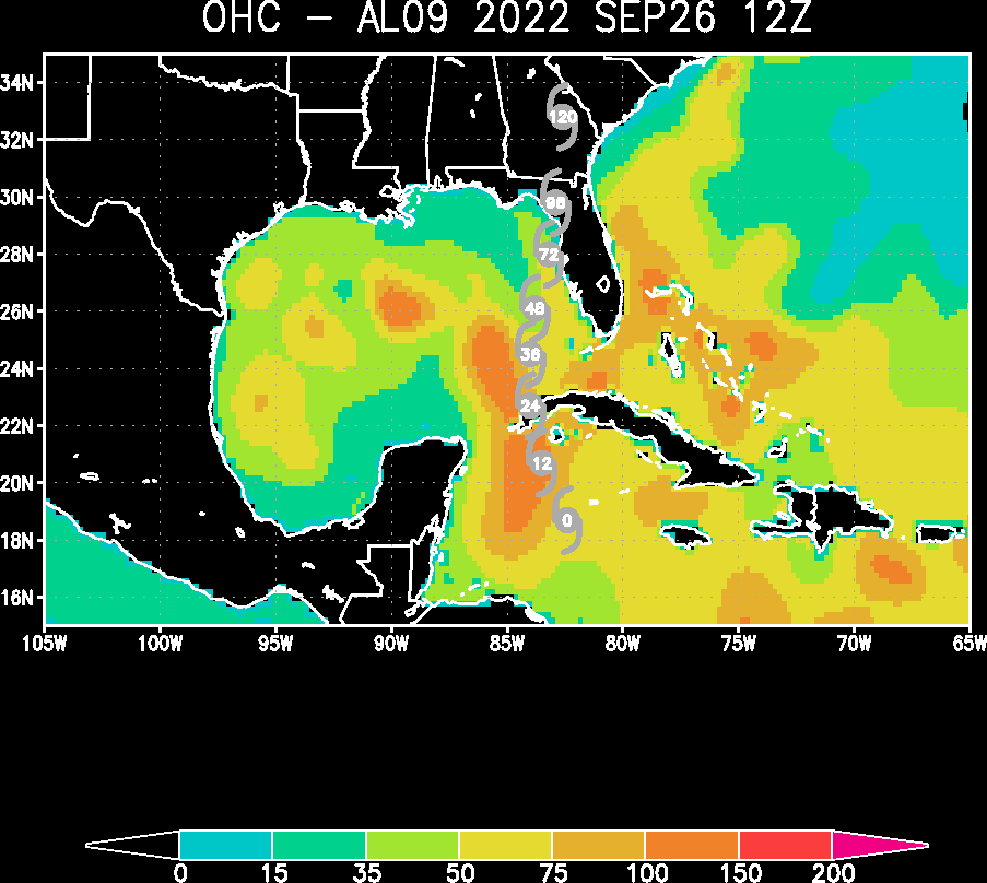 Ocean Heat Content (kJ/cm^2) and forecasted track of Hurricane Ian on September 26. Source: NOAA/AOML Physical Oceanography Division.