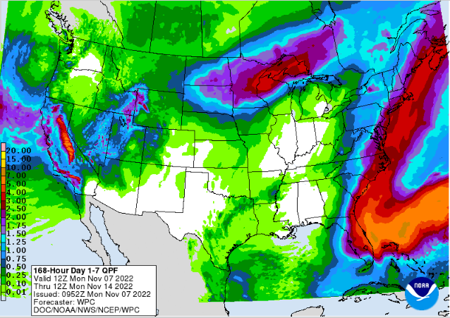 The seven day rainfall forecast highlights the longer term track of Nicole, which may briefly emerge into the Gulf of Mexico before making a turn to the northeast and accelerating in forward speed along the East Coast of the United States next weekend. Isolated totals in excess of 5" are possible across portions of the Florida peninsula. Source: NOAA / WPC.