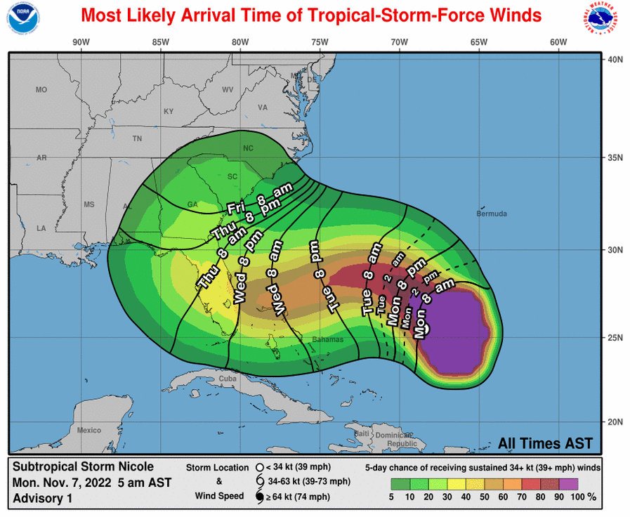Most likely arrival time of tropical storm force winds (contoured) and probability of sustained tropical storm force winds (shaded).  Source: NHC.