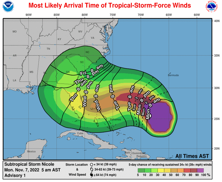 Most likely arrival time of tropical storm force winds (contoured) and probability of sustained tropical storm force winds (shaded). Source: NHC.