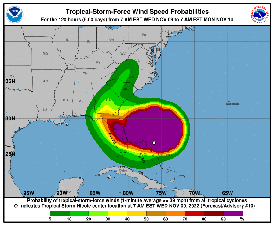 Tropical storm wind extent is extremely large for a tropical storm which results in a large area of coastline under tropical storm warnings. Source: NOAA/NHC. 