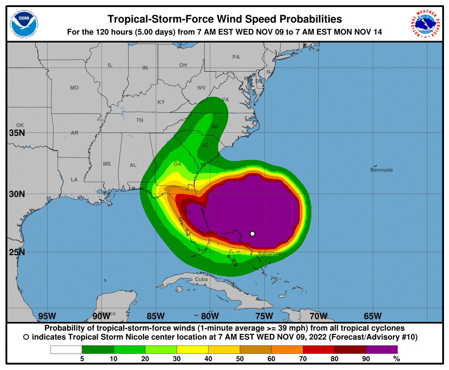Tropical storm wind extent is extremely large for a tropical storm which results in a large area of coastline under tropical storm warnings. Source: NOAA/NHC.