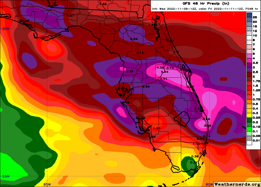 Florida rainfall forecast from the 11/9 12Z GFS, valid through 7AM Friday, November 11. Source: Weathernerds.