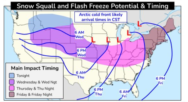 Timing of the onset of the Arctic air outbreak across the United States and eastern Canada. Source: NOAA.