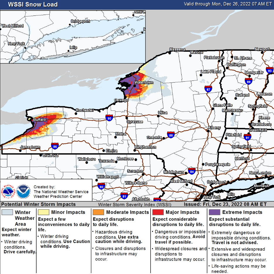 Areas at risk for heightened snowload societal impacts. Source: NWS.