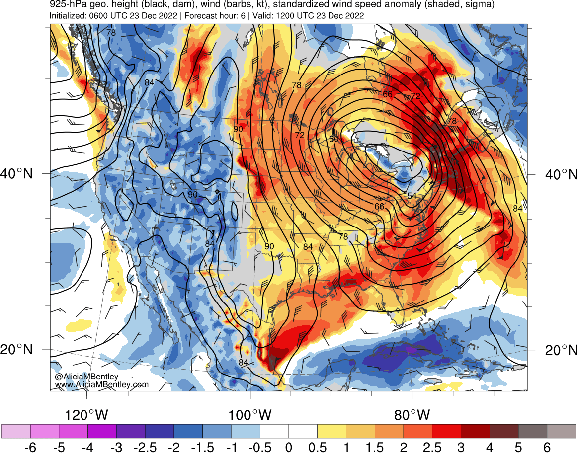 Low level wind anomaly (in standard deviation) associated with the bomb cyclone as of December 23. Source: Dr. Alicia Bentley / UAlbany.