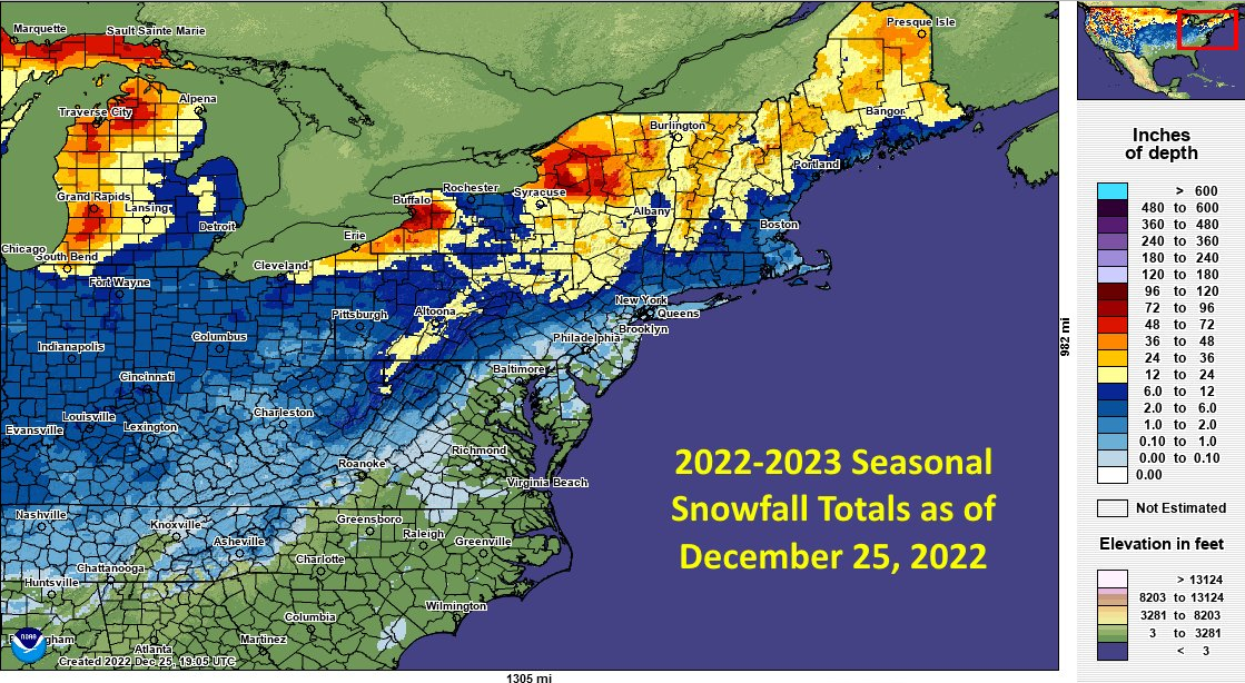 Seasonal snowfall totals for the Northeast US as of December 25, 2022. Source: NWS.