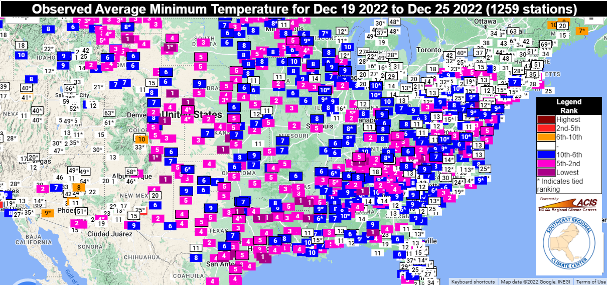 Ranking of seven day minimum temperatures ending December 25, 2022 relative to the comparable week in the period of record. Source: NWS Southern Region Headquarters.