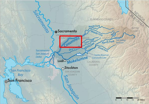 Highlighted area of the Cosumnes River most impacted by flooding.  Source: USGS.