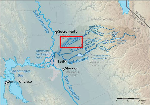 Highlighted area of the Cosumnes River most impacted by flooding. Source: USGS.