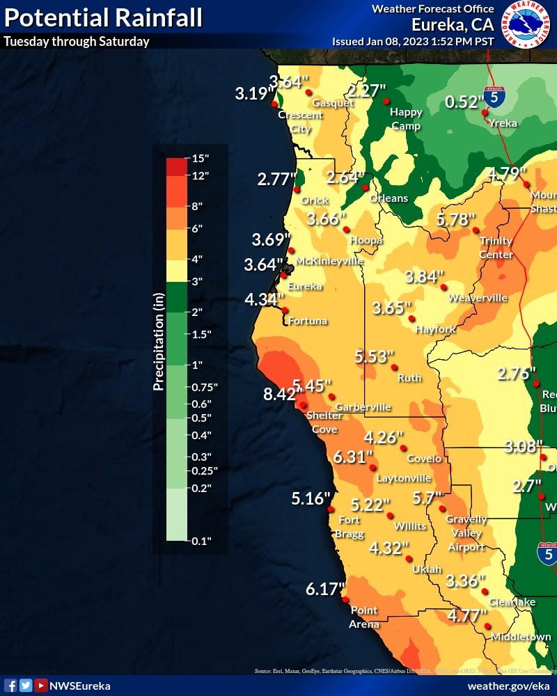 Projected rainfall from Tuesday January 10 through Saturday January 14  Source: NWS Eureka.