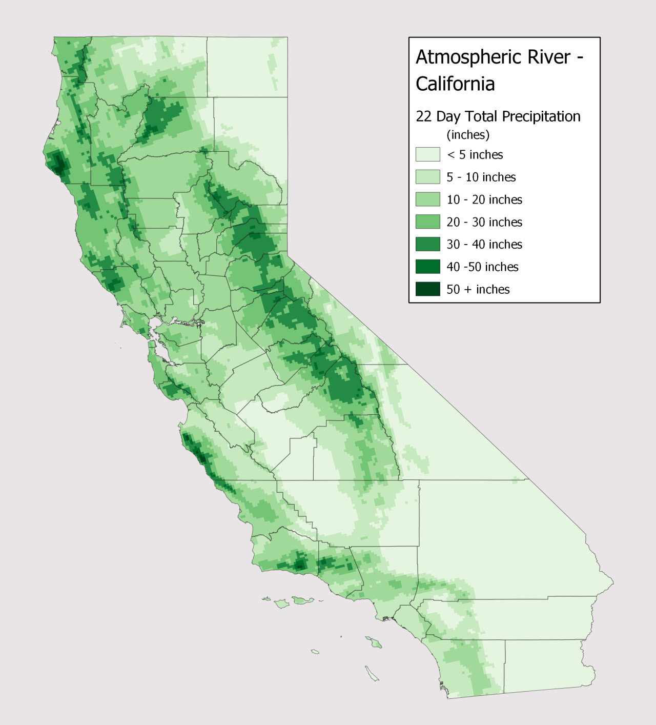 Total precipitation of 2023 Atmospheric River event in California. Source: NWS and Guy Carpenter