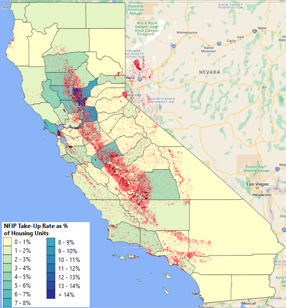 NFIP take-up rates as percentage of housing units, overlaid with KatRisk flood footprint of the 2023 Atmospheric River Flooding event in California. Source: FEMA NFIP, KatRisk and Guy Carpenter.