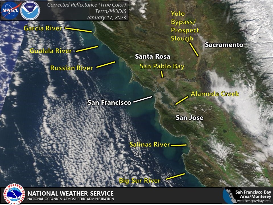 MODIS remote sensing image showing riverine flooding for San Francisco Bay Area. Source: NASA and NOAA