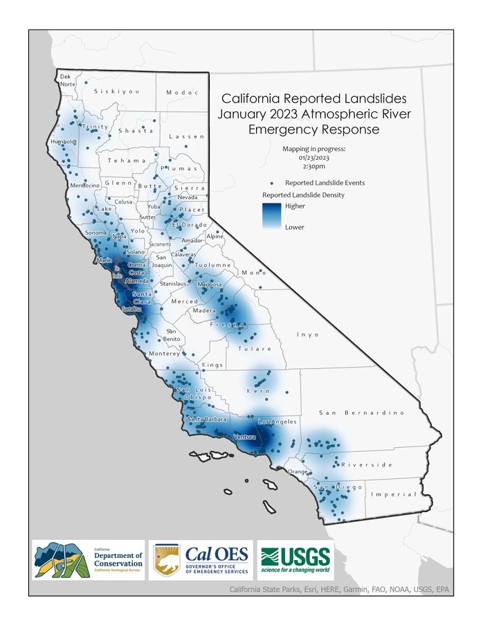 California reported landslide locations of January 2023 Atmospheric River Emergency Response. Source: California Department of Conservation, California Governor’s Office of Emergency Services and USGS.