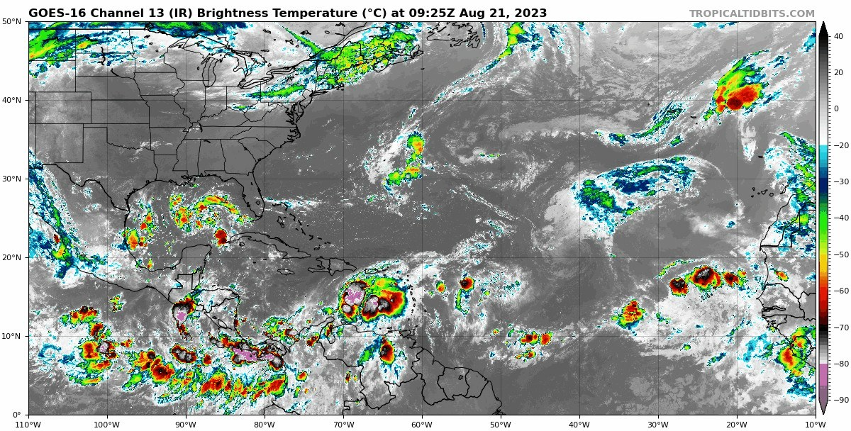 Five separate areas of interest are being monitored in the Atlantic, of which Tropical Storm Franklin in the central Caribbean and a tropical disturbance in the Gulf of Mexico are of most interest for landfalls as tropical storms.  Source: TropicalTidbits.com, click image for animation.