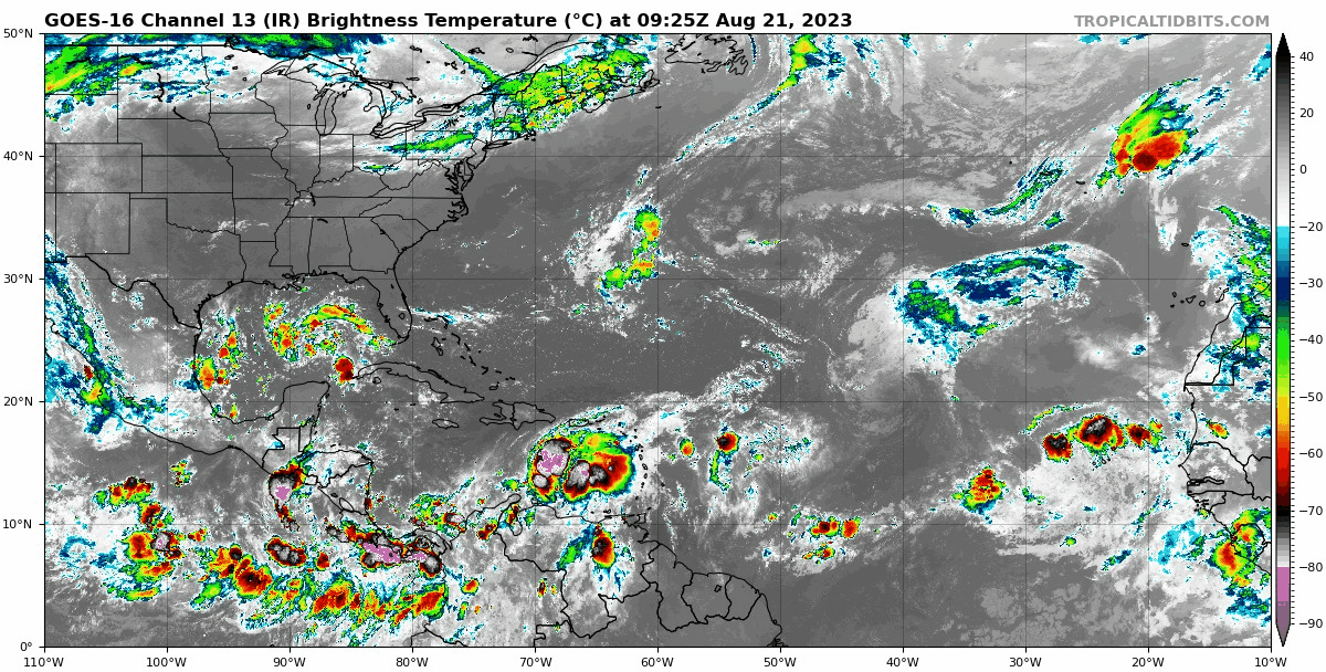 Five separate areas of interest are being monitored in the Atlantic, of which Tropical Storm Franklin in the central Caribbean and a tropical disturbance in the Gulf of Mexico are of most interest for landfalls as tropical storms. Source: TropicalTidbits.com, click image for animation.