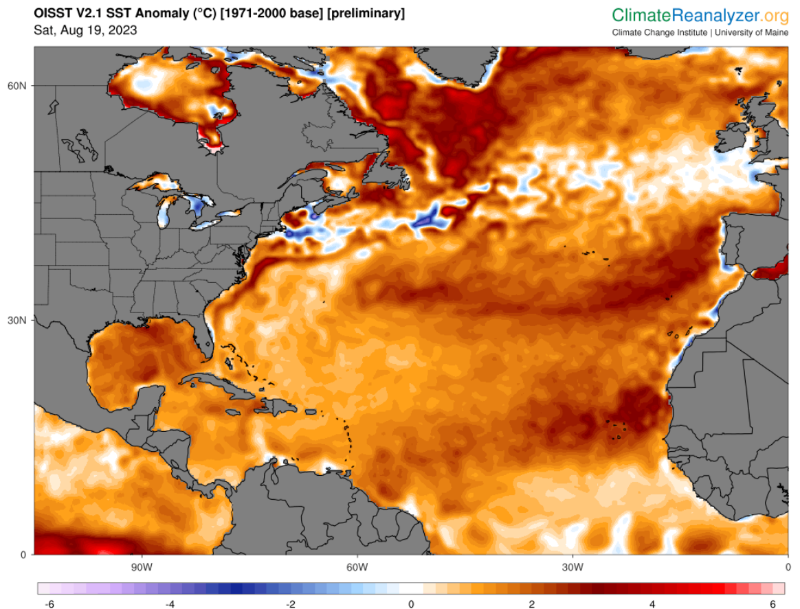 Sea surface temperature anomalies are above average across the vast majority of the Atlantic basin.  Source: Climate Reanalyzer / University of Maine.