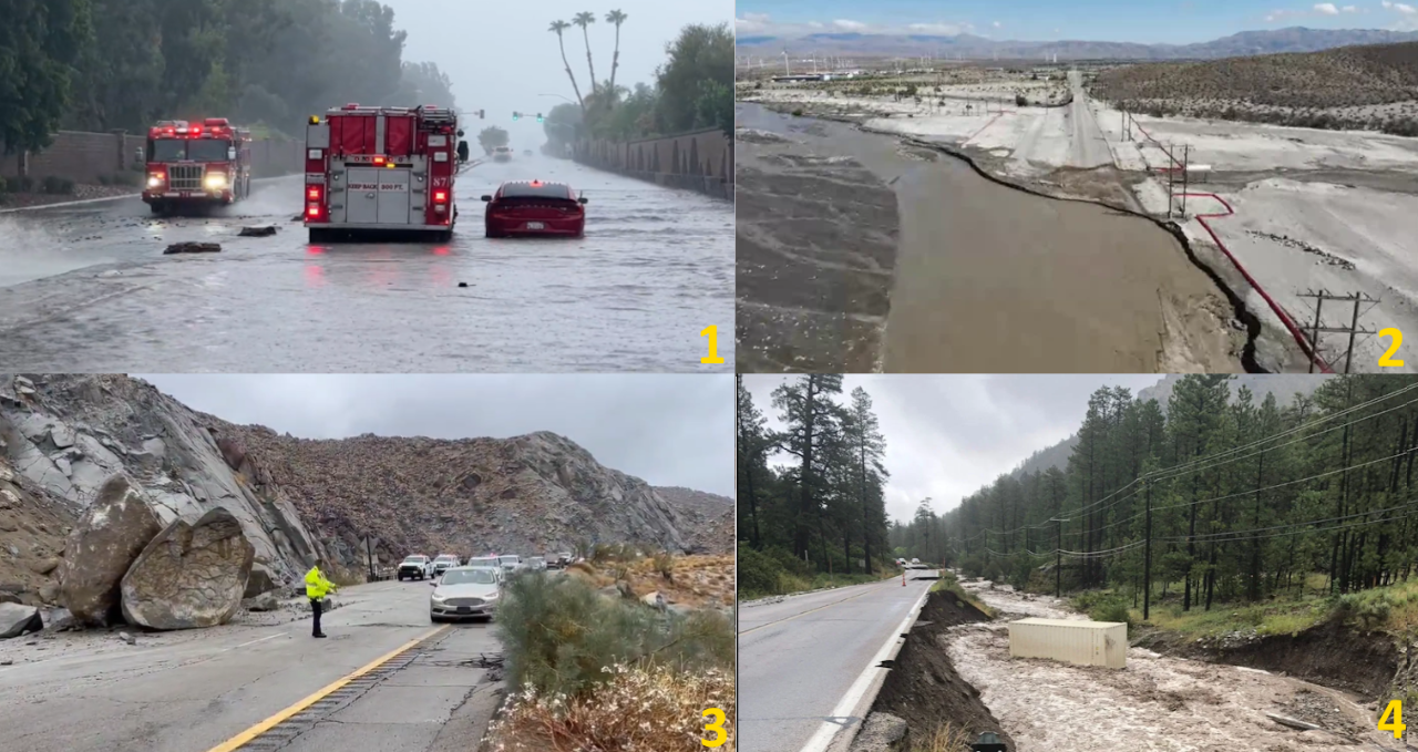 1. Palm Springs street flooding 2. Palm Springs, CA after flash flood 3. Landslide on Interstate-8 in Ocotillo, CA 4. Mt. Charleston, NV flood damage. Source: Fire Department, City of Palm Springs, California and Nevada Department of Transportation
