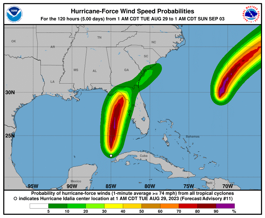 Probability of hurricane force winds (shaded). Source: NOAA/NHC. 