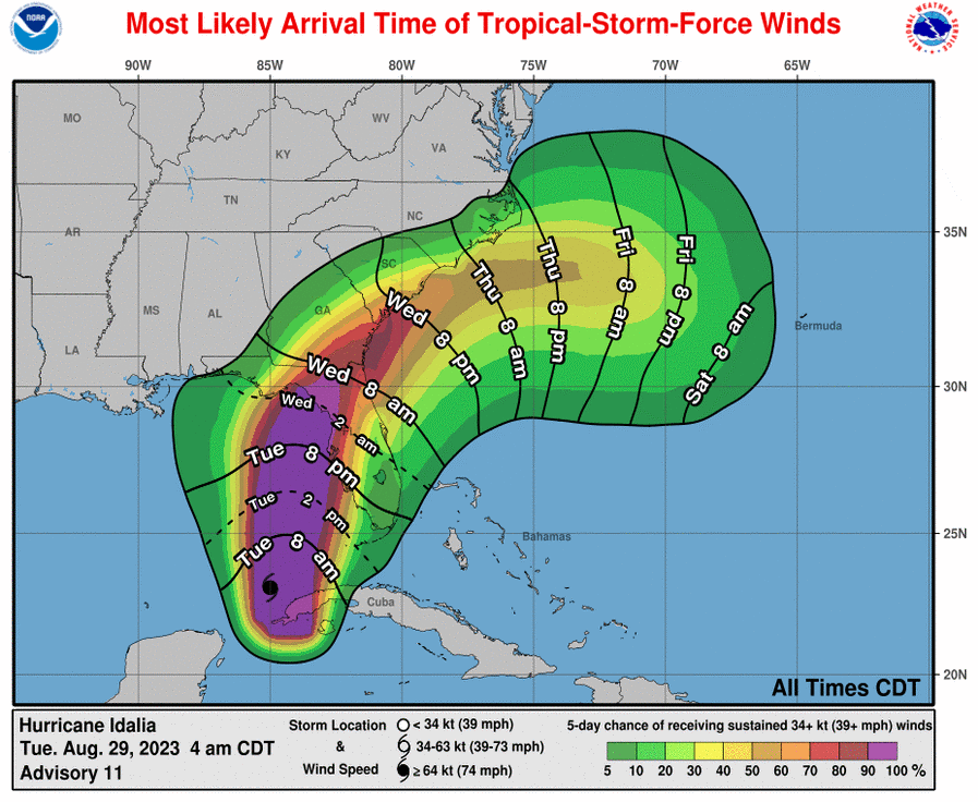 Most likely arrival time (lines) and probability of tropical storm force winds (shaded). Source: NOAA/NHC.