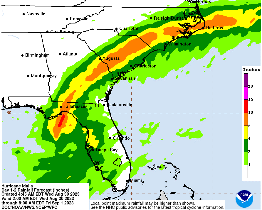 48-Hour rainfall forecast ending 8AM EDT Friday September 1. Source: NOAA/NHC.