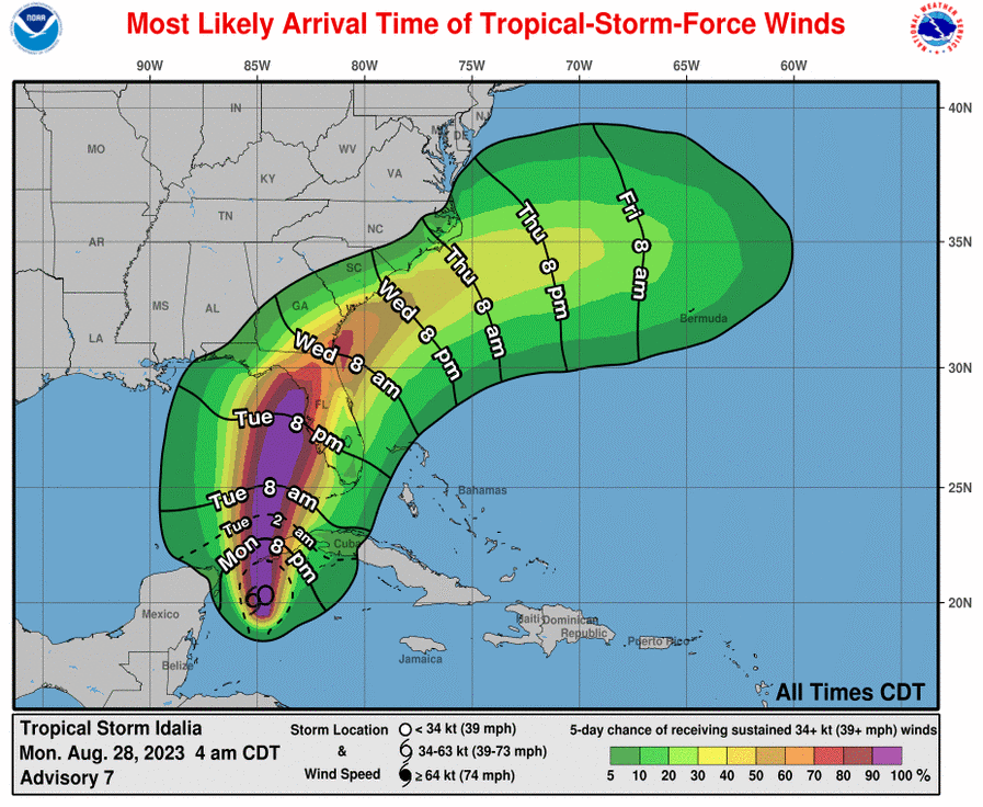 Most likely arrival time (lines) and probability of tropical storm force winds (shaded). Source: NOAA/NHC.