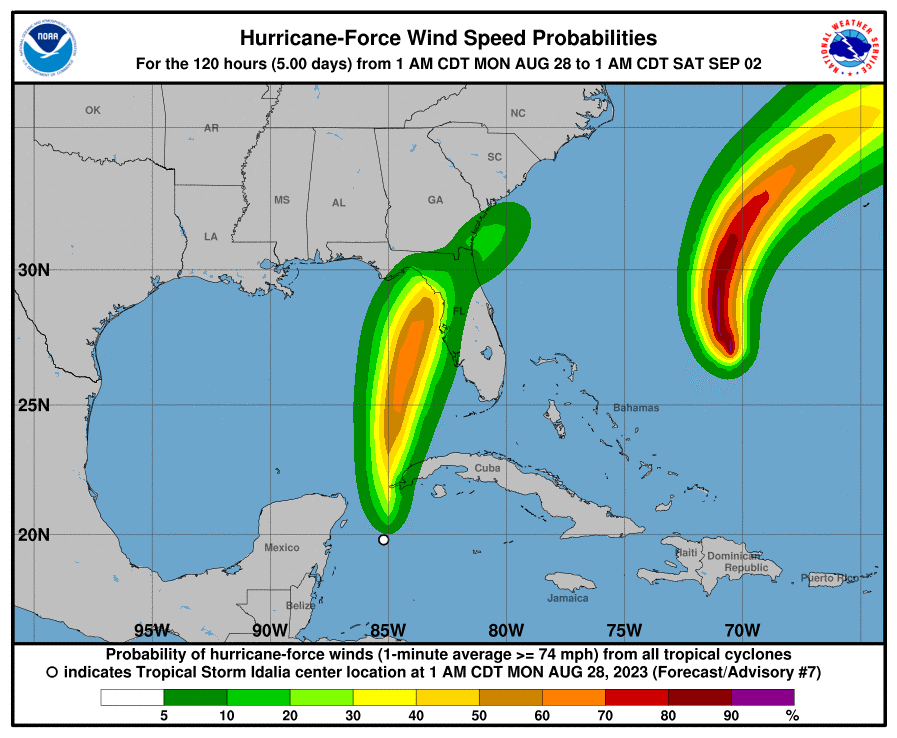 Probability of hurricane force winds (shaded). Source: NOAA/NHC