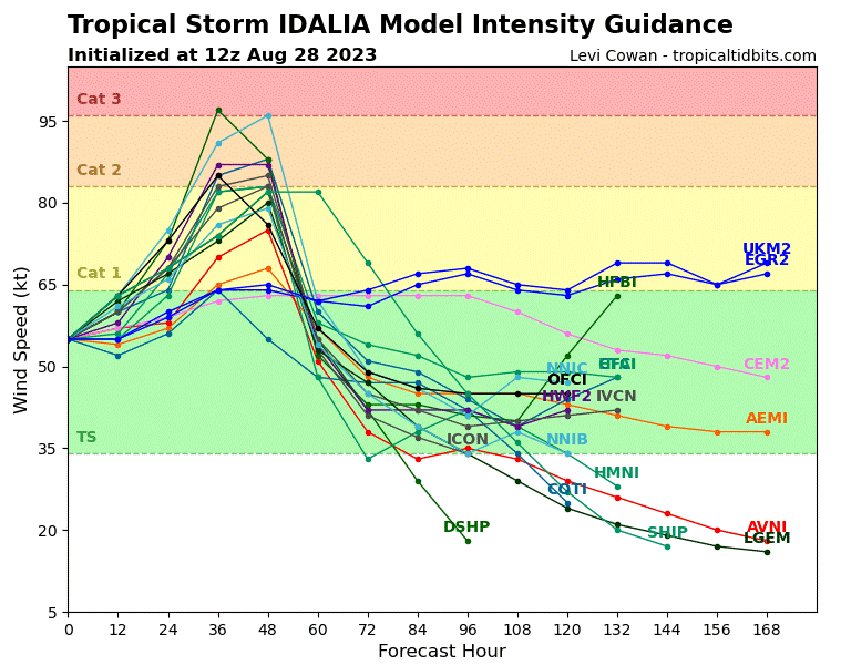 Model intensity scenarios - note the variability in scenarios. Intensities may come in higher depending on rapid intensification Source: Tropical Tidbits.
