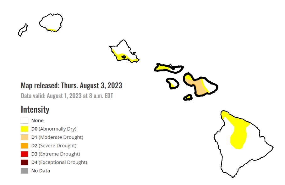 Current drought conditions across the Hawaiian island chain, showing moderate drought over Maui. Source: Drought Monitor