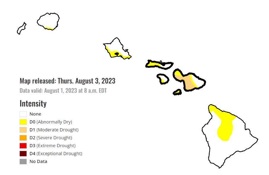 Current drought conditions across the Hawaiian island chain, showing moderate drought over Maui. Source: Drought Monitor 