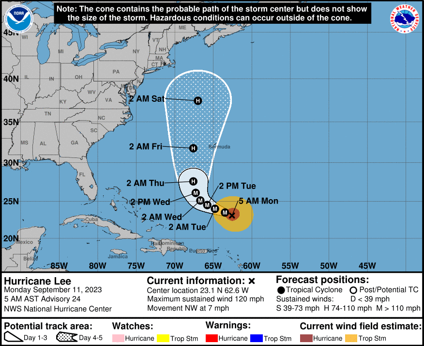 National Hurricane Center Hurricane Lee Forecast as of 5 AM AST, September 11, 2023. Source: NHC / NOAA.