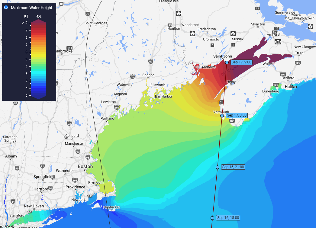 The storm surge associated with Lee will be one of the biggest headlines, with maximum water height above mean sea level during the event projected above. Source: CERA Coastal Management.