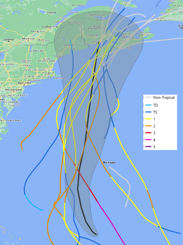 A number of historical storms were at hurricane strength west of Bermuda and eventually weakened to either minimal category-1 status, tropical storm or post tropical cyclone. Source: NOAA / Guy Carpenter.