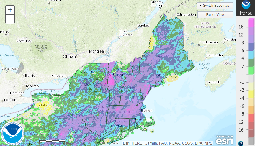 Rainfall over the last 90 days across much of the Northeast has been 150% to over 200% of normal, raising the risk for excess runoff and treefall risk due to saturated soils.  Source: NWS/NOAA.