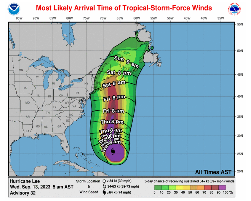 As Hurricane Lee weakens, the windfield will also expand, with coastal areas from Massachusetts north through Nova Scotia and Prince Edward Island likely to see tropical storm force sustained winds. The most likely arrival time of tropical storm force winds by geography is highlighted above. Source: NHC.