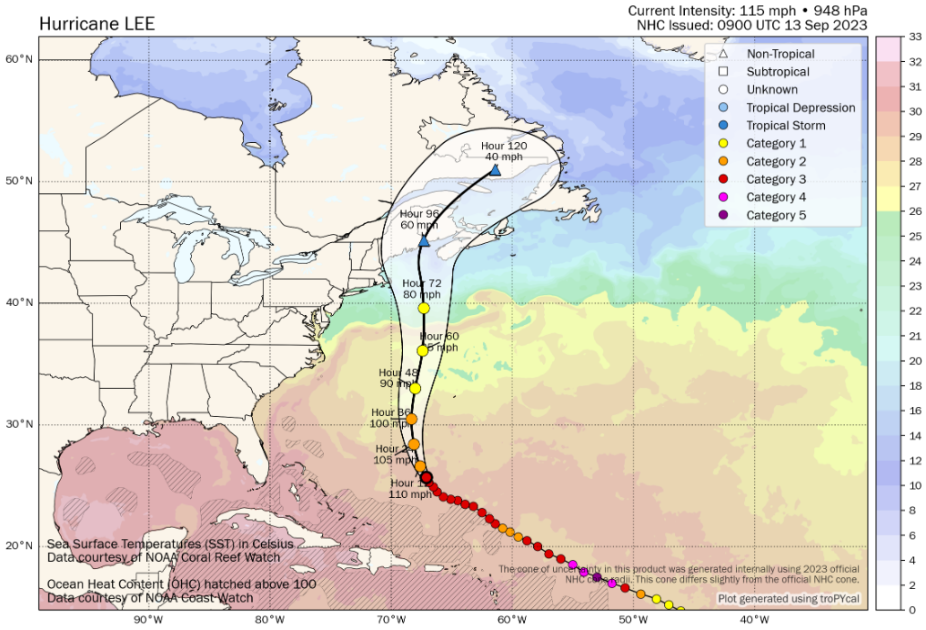 Hurricane Lee NHC track and intensity forecast over sea surface temperatures, which drop below levels to support hurricane strength prior to landfall. Source: Tomer Burg / University of Oklahoma.