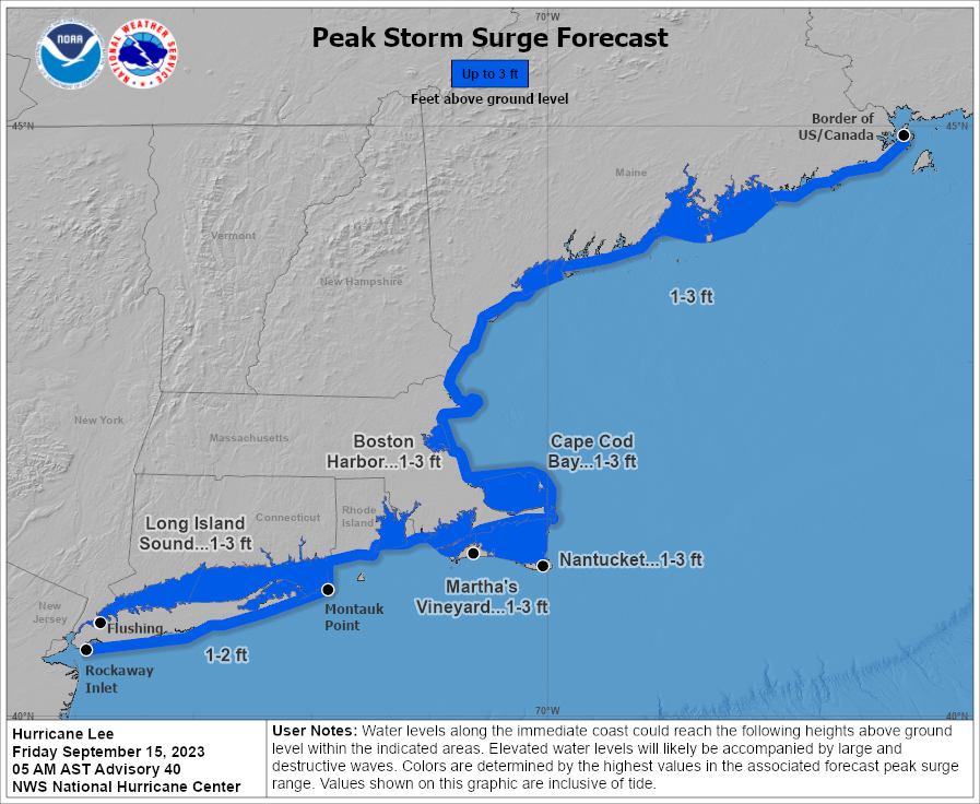 Peak storm surge forecast for the US. Peak surge depths of up to 5 feet can be expected along the Atlantic Coast of Nova Scotia (not pictured). Source: NHC / NOAA.