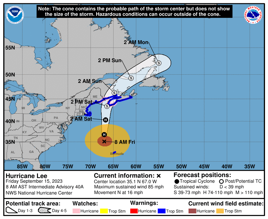 National Hurricane Center Hurricane Lee Forecast as of 8 AM AST, September 15, 2023. Source: NHC / NOAA.