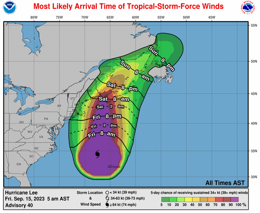 The most likely arrival time of tropical storm force winds. Note the timing of Friday evening to the Northeast US, and Saturday to southernmost Atlantic Canada. Source: NHC / NOAA.