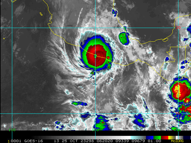 Satellite Image (Infrared) Near Time of Landfall. Note clarity of eye and symmetric appearance. Source: CIRA.