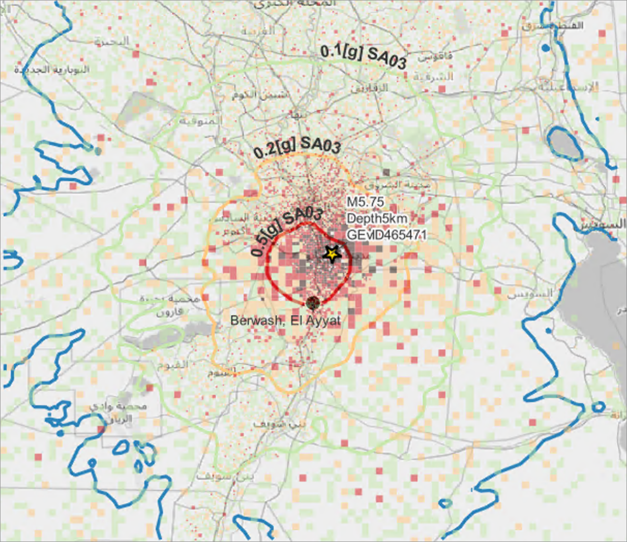 Figure 1: Stochastic event in the GC event catalogue similar to the 1992 Cairo Mb 5.8 event