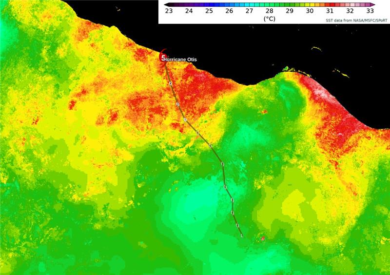 Sea surface temperatures in the track of Hurricane Otis.  Source: Brian McNoldy, University of Miami