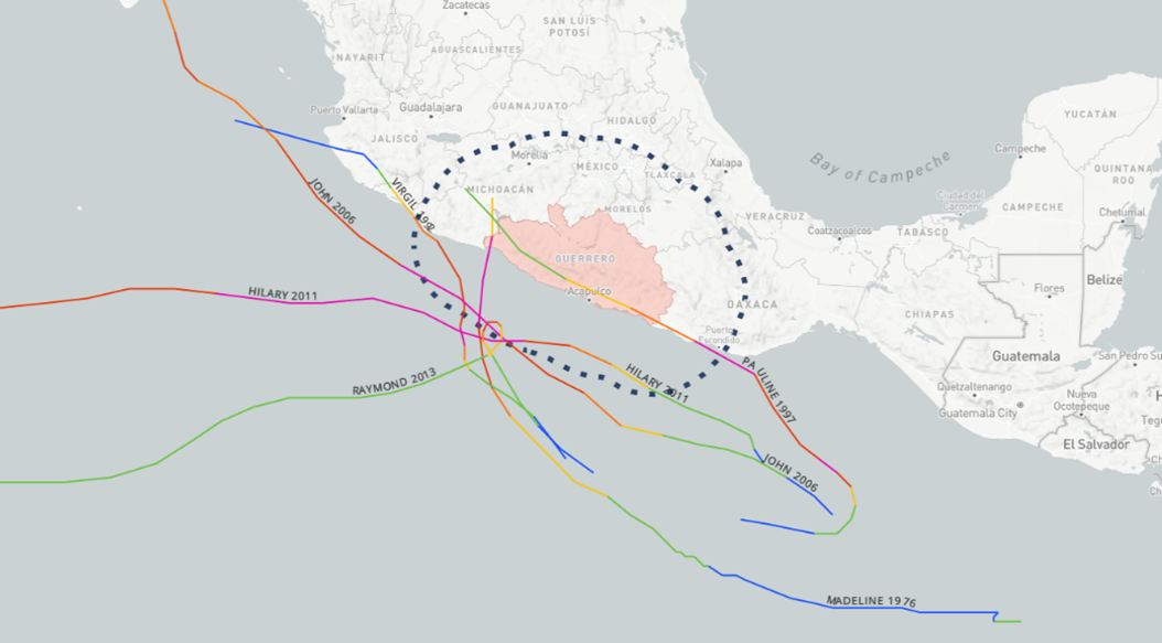 Observed major hurricanes within 100 miles of Guerrero, Mexico. Source: NOAA