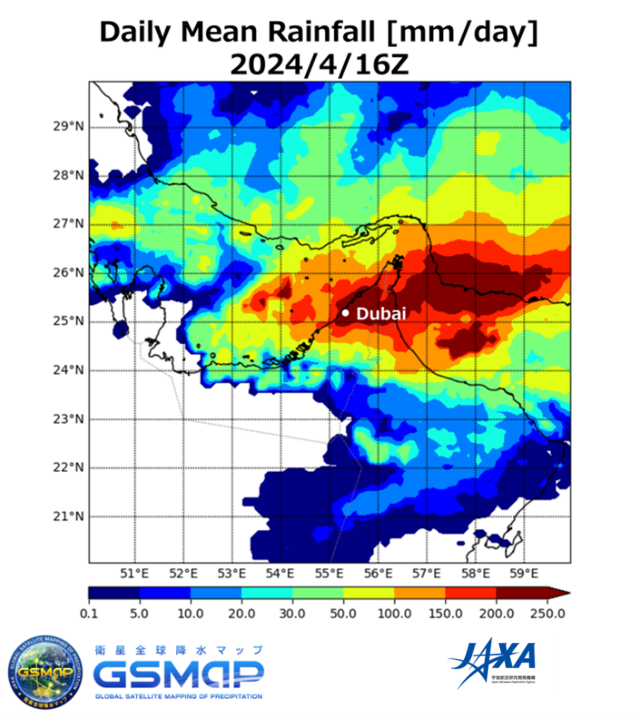 Figure 1: Daily mean rainfall over the UAE and Oman onApril 16, 2024. Source: GSMaP by JAXA Global Rainfall Watch was produced and distributed by the Earth Observation Research Center, Japan Aerospace Exploration Agency. 