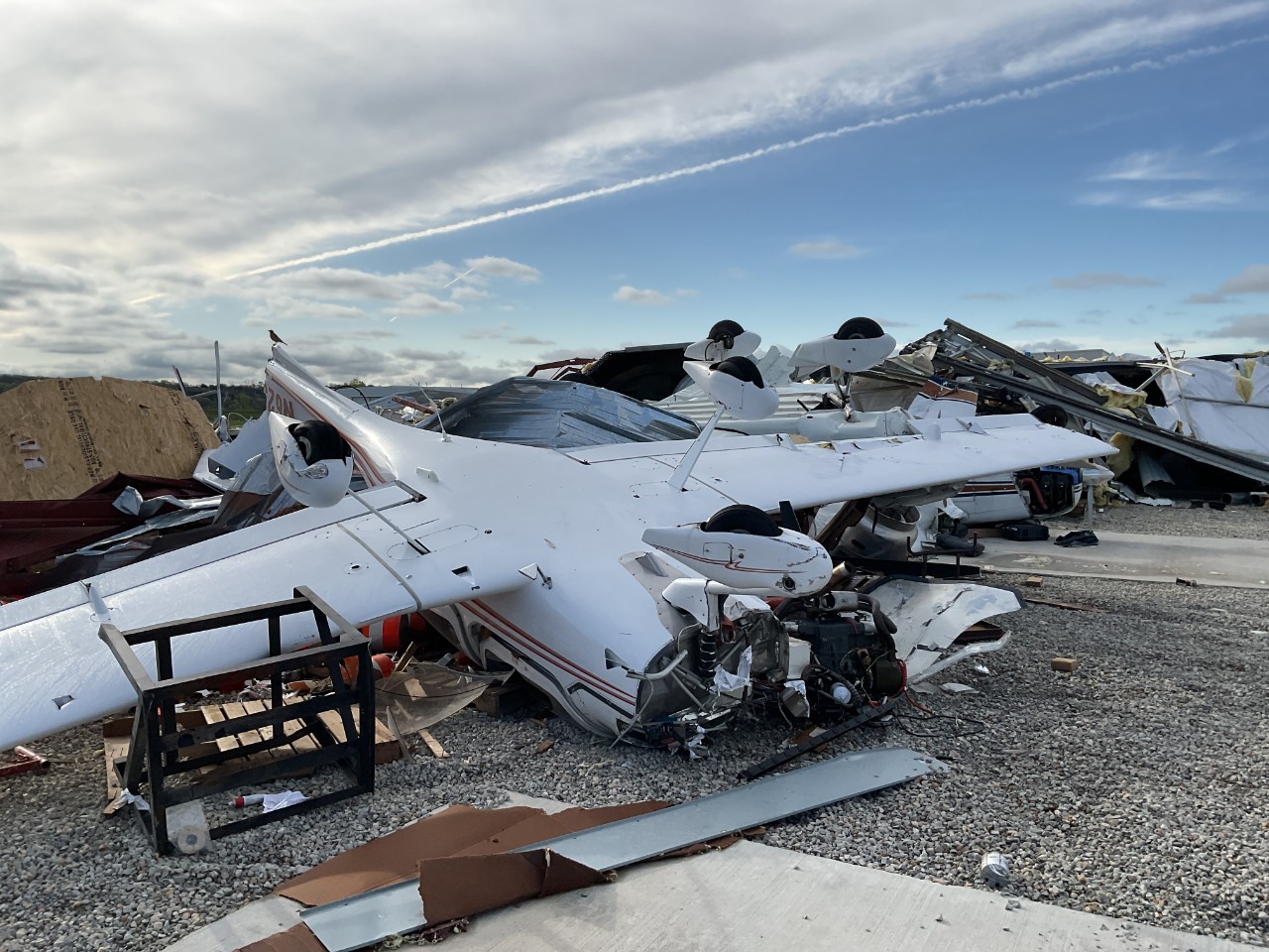 wrecked airplane from storm damage